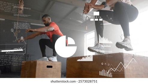 Image of data processing and diagrams over diverse sports people jumping on boxes at gym. Technology, sport and digital interface concept digitally generated image.