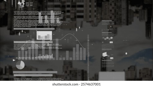 Image of data processing and diagrams over cityscape. Global business and digital interface concept digitally generated image.