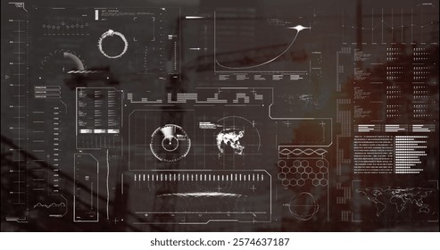 Image of data processing and diagrams over cityscape. Global business and digital interface concept digitally generated image.