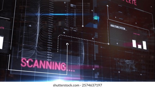 Image of data processing and diagrams over black background. Global business and digital interface concept digitally generated image.