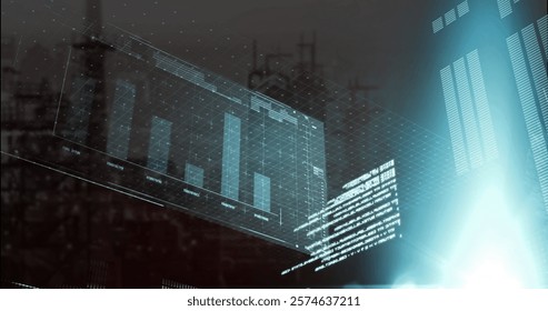 Image of data processing and diagrams over cityscape. Global business and digital interface concept digitally generated image.