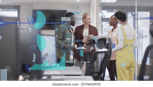 Image of data processing and diagrams over diverse colleagues talking in office. Global business and digital interface concept digitally generated image.