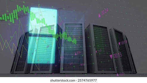 Image of data processing and diagrams over servers. Technology and digital interface concept digitally generated image.