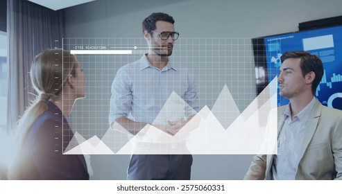 Image of data processing and diagrams over caucasian colleagues talking in office. Business, technology and digital interface concept digitally generated image.