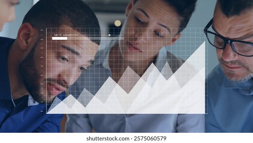 Image of data processing and diagrams over diverse colleagues talking in office. Business, technology and digital interface concept digitally generated image.