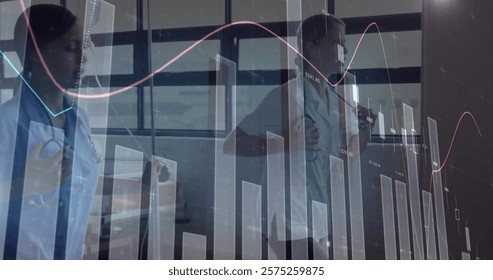Image of data processing and diagrams over diverse female doctors running. Global medicine and digital interface concept digitally generated image.