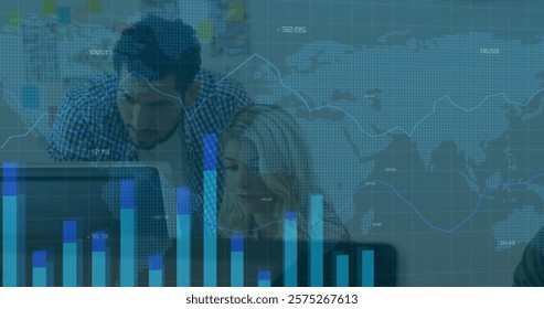 Image of data processing and diagrams over caucasian business people discussing work. Technology, business and digital interface concept digitally generated image.