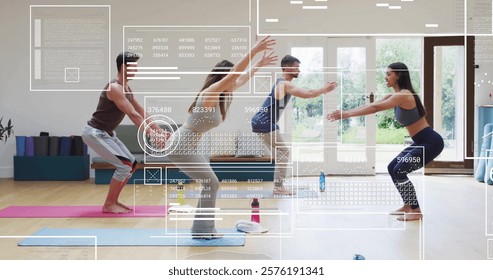 Image of data processing and diagrams over diverse sports people exercising with coach. Technology, sport and digital interface concept digitally generated image.