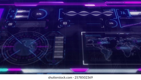 Image of data processing and diagrams over world map and dna strand. Global business and digital interface concept digitally generated image.