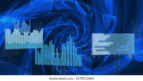 Image of data processing and diagrams over blue shapes. Technology and digital interface concept digitally generated image.