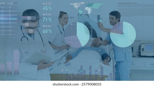 Image of data processing and diagrams over caucasian doctors talking with patient. Medicine, technology and digital interface concept digitally generated image.