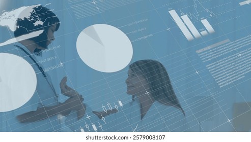 Image of data processing and diagrams over caucasian female doctor talking with patient. Medicine, technology and digital interface concept digitally generated image.