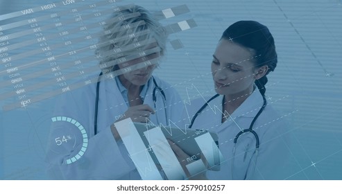 Image of data processing and diagrams over caucasian female doctors using tablet. Medicine, technology and digital interface concept digitally generated image. - Powered by Shutterstock - Get 15% off with code: PIKWIZARD15