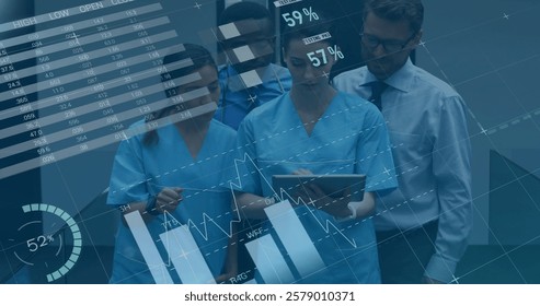 Image of data processing and diagrams over diverse doctors using tablet. Medicine, technology and digital interface concept digitally generated image.