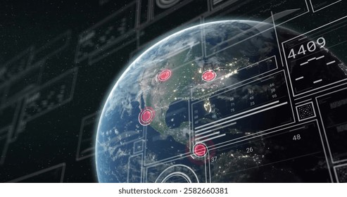 Image of data processing and diagrams over globe. Global business and digital interface concept digitally generated image.