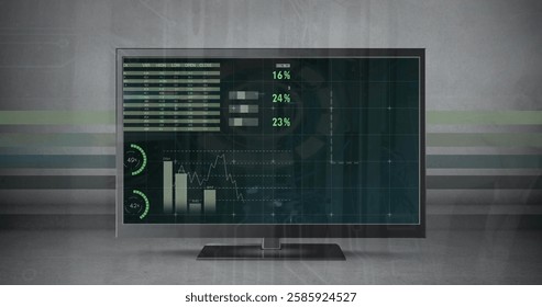 Image of data processing and diagrams over computer screen with copy space. Global technology and digital interface concept digitally generated image.
