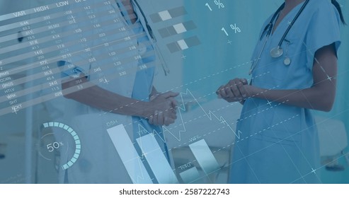 Image of data processing and diagrams over diverse female doctors talking. Medicine, technology and digital interface concept digitally generated image.