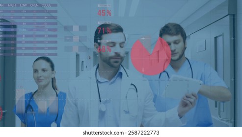 Image of data processing and diagrams over caucasian doctors walking and using tablet. Medicine, technology and digital interface concept digitally generated image.