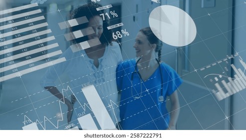 Image of data processing and diagrams over diverse female doctor and patient walking. Medicine, technology and digital interface concept digitally generated image.