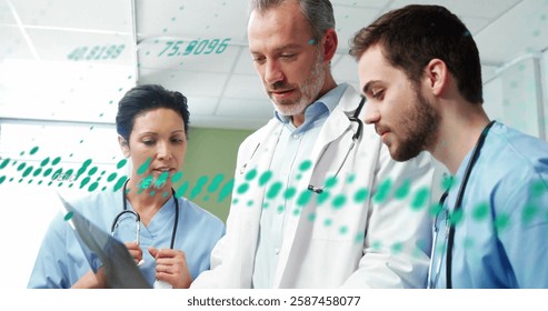 Image of data processing and diagrams over diverse doctors talking. Global medicine and digital interface concept digitally generated image.
