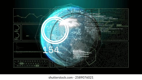 Image of data processing and diagrams over globe. Technology, business and digital interface concept digitally generated image.