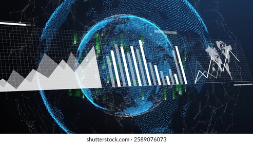 Image of data processing and diagrams over globe. Technology, business and digital interface concept digitally generated image.