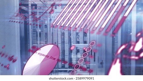 Image of data processing and diagrams over server room. Global technology and digital interface concept digitally generated image.