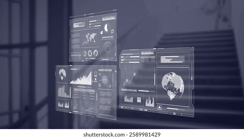 Image of data processing and diagrams over office. Global technology and digital interface concept digitally generated image.
