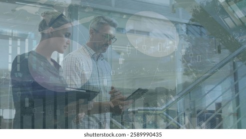 Image of data processing and diagrams over caucasian colleagues discussing work. Global business, teamwork and digital interface concept digitally generated image.