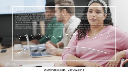 Image of data processing and diagrams over diverse business people at meeting. Technology, business and digital interface concept digitally generated image.