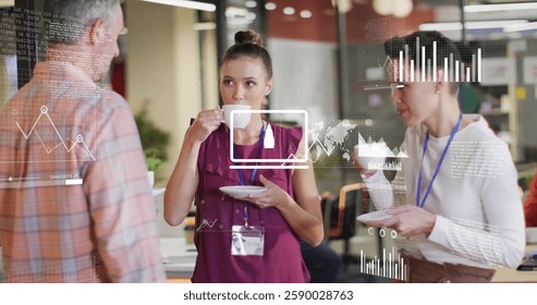 Image of data processing and diagrams over caucasian business people at meeting. Technology, business and digital interface concept digitally generated image.