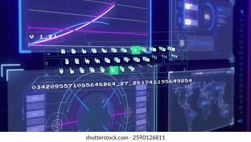 Image of data processing and diagrams over globe and world map. Technology, business and digital interface concept digitally generated image. - Powered by Shutterstock - Get 15% off with code: PIKWIZARD15