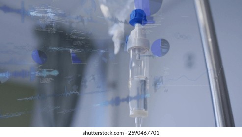 Image of data processing and diagrams over drip in hospital. Global medicine and digital interface concept digitally generated image.