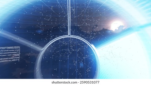 Image of data processing and diagrams over clouds and sun. Business, technology and digital interface concept digitally generated image.