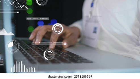 Image of data processing and diagrams over biracial male worker using laptop in server room. Technology and digital interface concept digitally generated image.