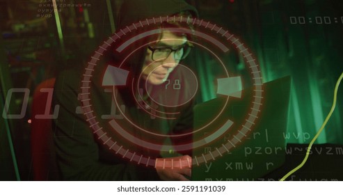 Image of data processing and diagrams over asian male hacker in server room. Technology, business and digital interface concept digitally generated image.
