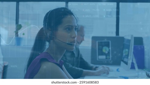 Image of data processing and diagrams over diverse colleagues using phone headsets in office. Global business and digital interface concept digitally generated image.