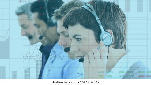 Image of data processing and diagrams over diverse colleagues using phone headset. Global business and digital interface concept digitally generated image.