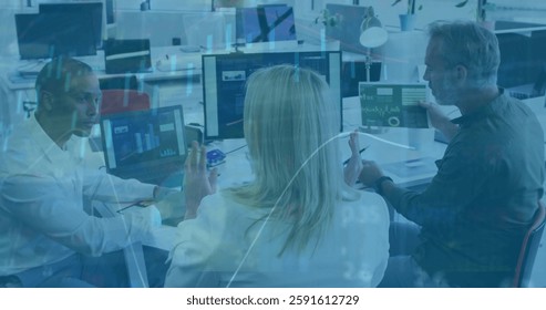Image of data processing and diagrams over diverse business people talking in office. Business, technology and digital interface concept digitally generated image.