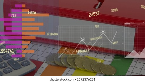 Image of data processing and diagrams over coins and calculator. Technology and digital interface concept digitally generated image.