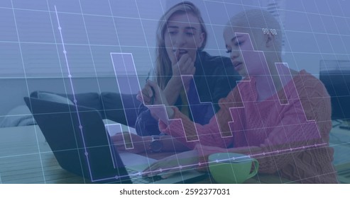 Image of data processing and diagrams over diverse colleagues using laptop in office. Technology, business and digital interface concept digitally generated image.