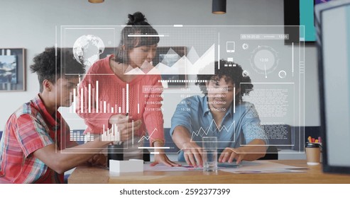 Image of data processing and diagrams over diverse colleagues discussing work. Technology, business and digital interface concept digitally generated image.