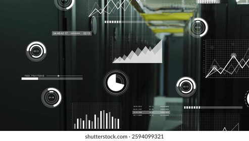 Image of data processing and diagrams over server room. Global technology and digital interface concept digitally generated image.