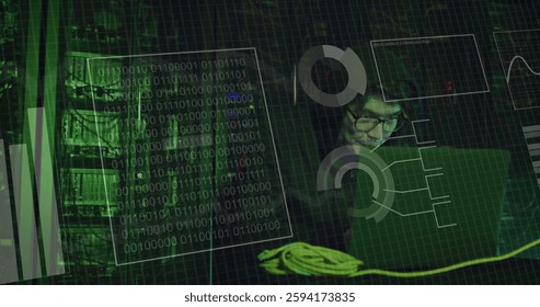 Image of data processing and diagrams over asian male hacker in server room. Technology, business and digital interface concept digitally generated image.