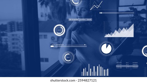 Image of data processing and diagrams over caucasian woman thinking. Business and digital interface concept digitally generated image.
