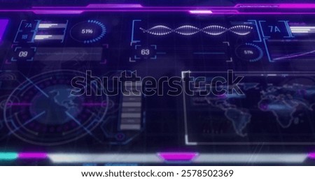 Image of data processing and diagrams over world map and dna strand. Global business and digital interface concept digitally generated image.