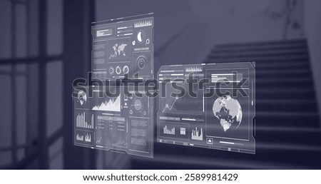Image of data processing and diagrams over office. Global technology and digital interface concept digitally generated image.