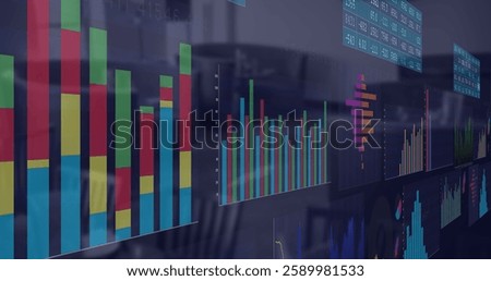 Image of data processing and diagrams over office. Global technology and digital interface concept digitally generated image.