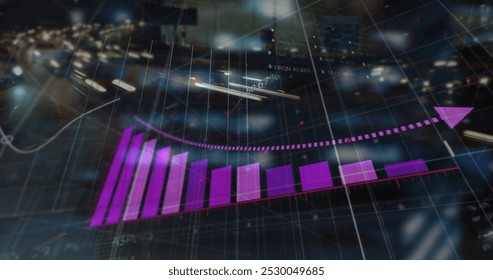 Image of data processing, diagrams and stock market over city at night. Global business, technology and digital interface concept, digitally generated image.