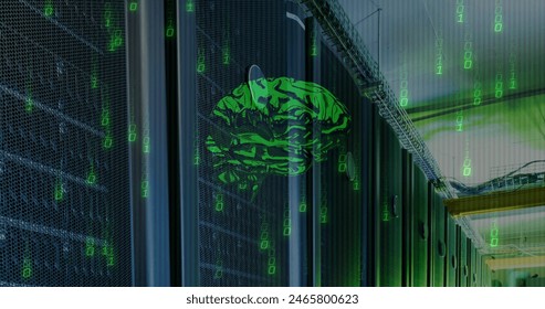Image of data processing and digital brain over server room. Global technology, computing and digital interface concept digitally generated image.